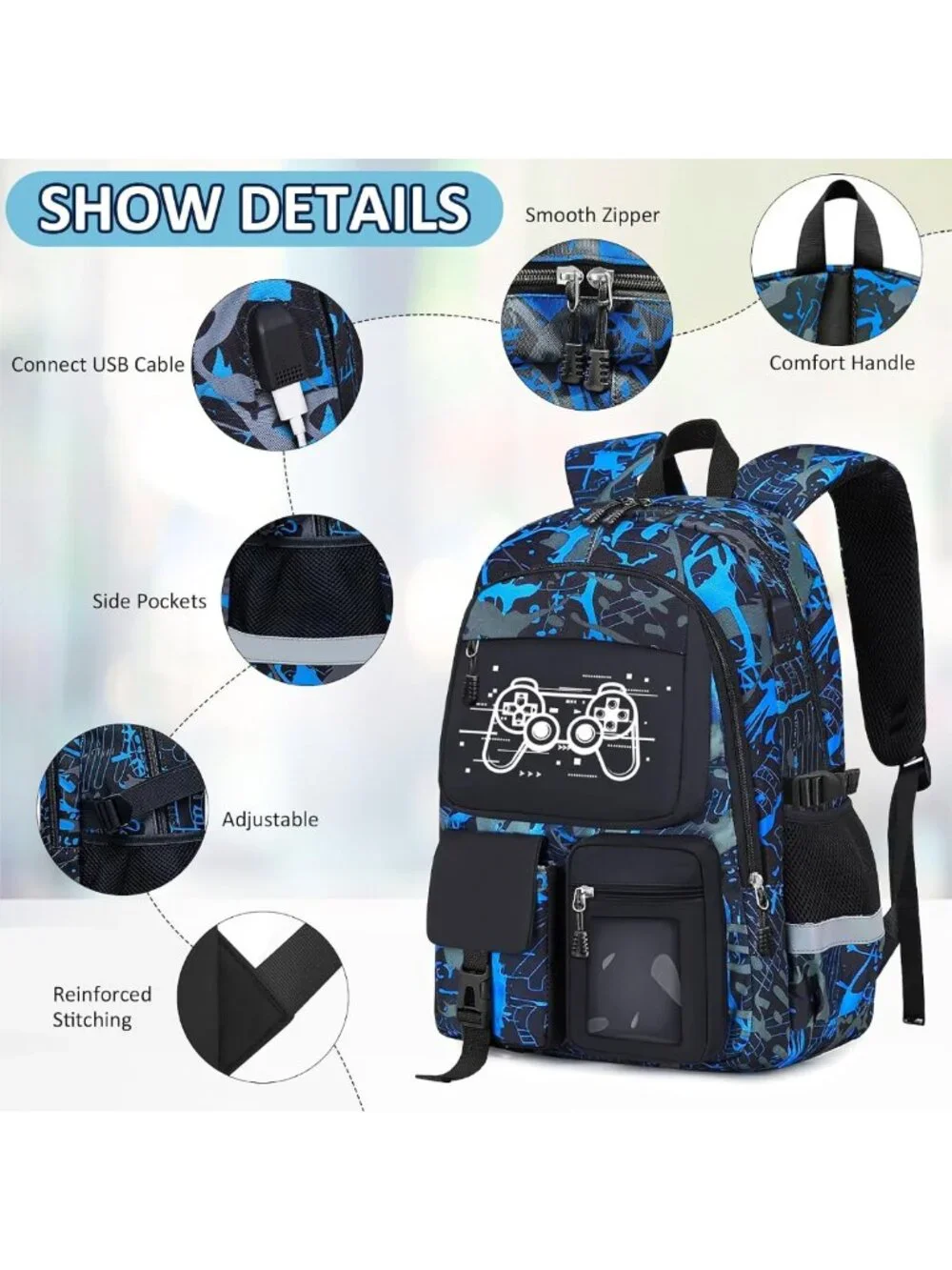 Gamer Boys School Backpack Set - 4pc with Lunch Box, Large Capacity